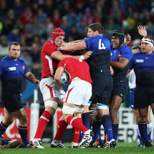 Tempers flare after a dangerous tackle by Wales skipper Sam Warburton, Wales v France, Rugby World Cup semi-final, Eden Park, Auckland, New Zealand, October 15, 2011