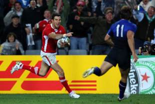 Wales scrum-half Mike Phillips charges in to score, Wales v France, Rugby World Cup semi-final, Eden Park, Auckland, New Zealand, October 15, 2011