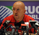 Wales defence coach Shaun Edwards addresses the media