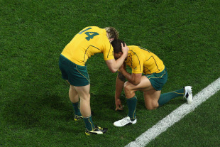 Australia's James O'Connor consoles a dejected Quade Cooper, New Zealand v Australia, Rugby World Cup semi-final, Eden Park, Auckland, New Zealand, October 16, 2011