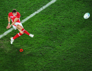 Wales fullback Leigh Halfpenny hits a penalty, France v Wales, Rugby World Cup, Eden Park, Auckland, New Zealand, October 15, 2011