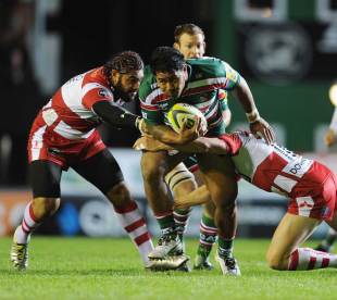 Leicester centre Manu Tuilagi breaks a tackle, Leicester v Gloucester, Anglo-Welsh Cup, Welford Road, Leicester, England, October 21, 2011