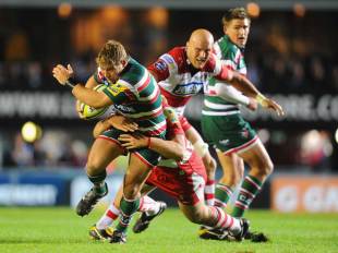 Leicester's Tom Youngs powers forward, Leicester v Gloucester, Anglo-Welsh Cup, Welford Road, Leicester, England, October 21, 2011