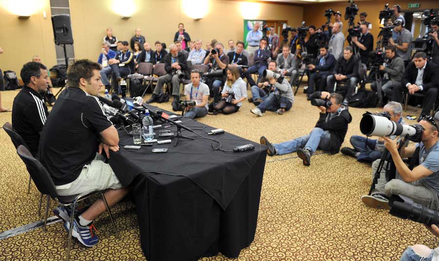 All Blacks skipper Richie McCaw and coach Wayne Smith attend a press conference