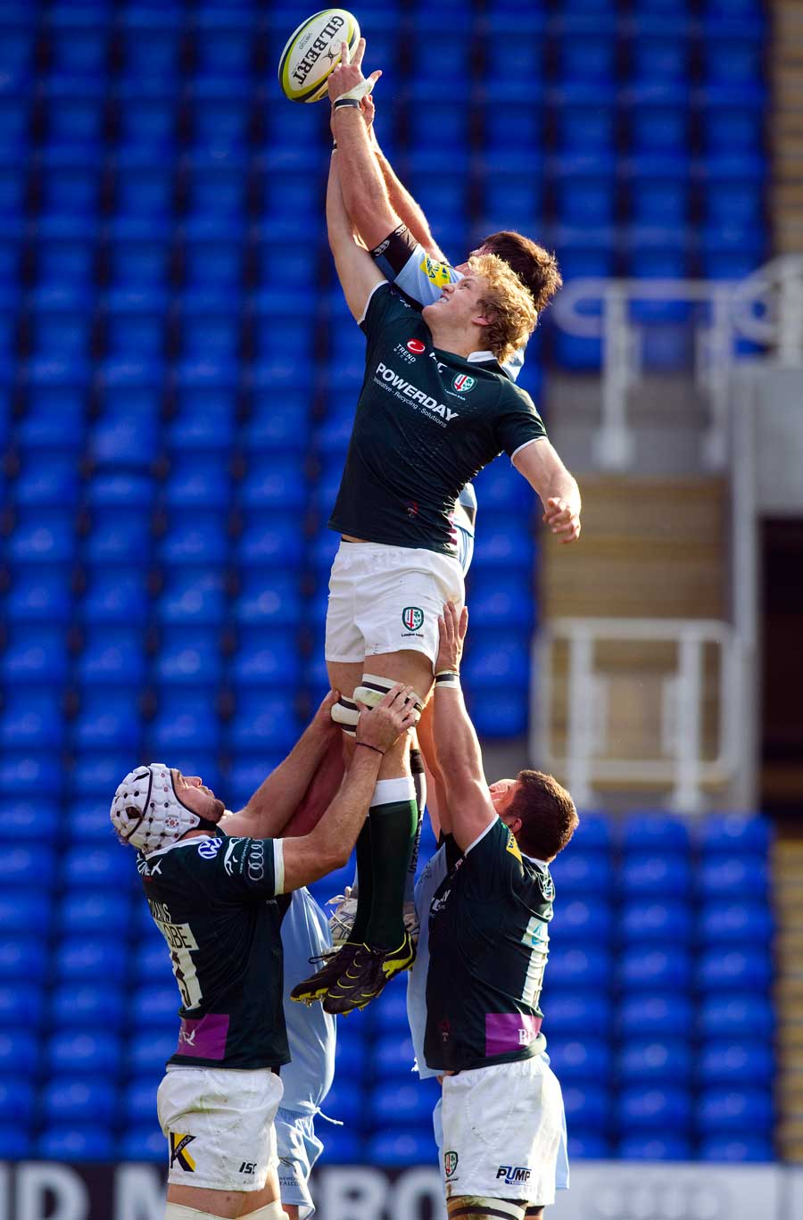 London Irish's Jamie Gibson rises for a lineout