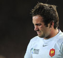 France fly-half Morgan Parra breaks down as he exits the field