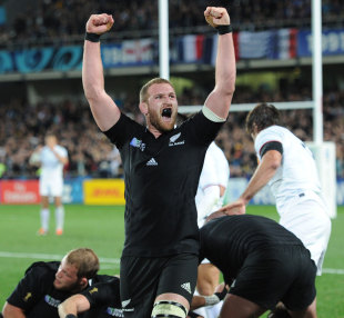 All Blacks No.8 Kieran Read leads the celebrations at full-time, New Zealand v France, Rugby World Cup, Eden Park, Auckland, France, October 23, 2011
