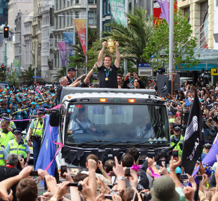 All Blacks captain Richie McCaw is paraded through the streets with the Webb Ellis Cup, New Zealand victory parade, Rugby World Cup, Auckland, New Zealand, October 24, 2011