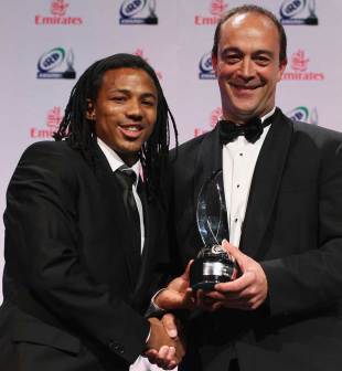 South Africa's Cecil Afrika receives his IRB World Sevens Player of the Year award
