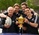 New Zealand's Graham Henry, Steve Hansen, Dan Carter and Richie McCaw take the cheers of the crowds