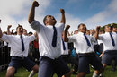 Schoolboys perform the haka at the World Cup celebrations in Christchurch