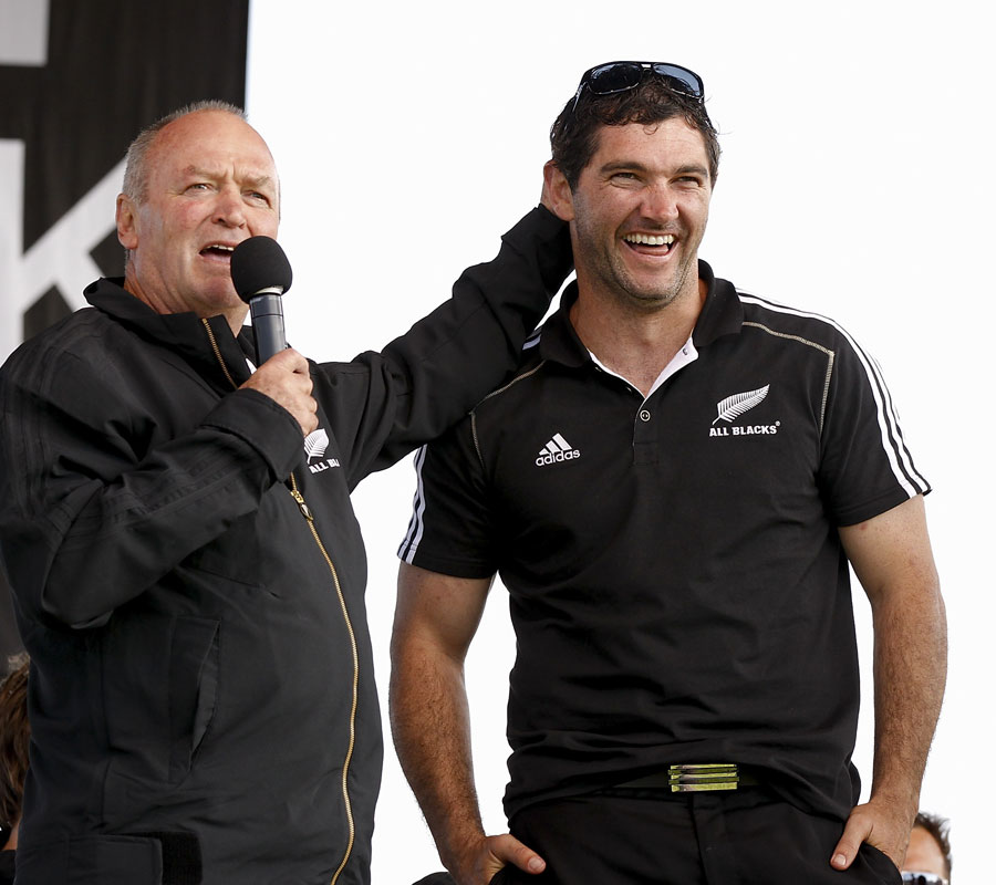 New Zealand's Graham Henry and Stephen Donald share a joke 
