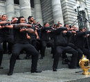 The All Blacks perform the haka on the steps of the New Zealand Parliament