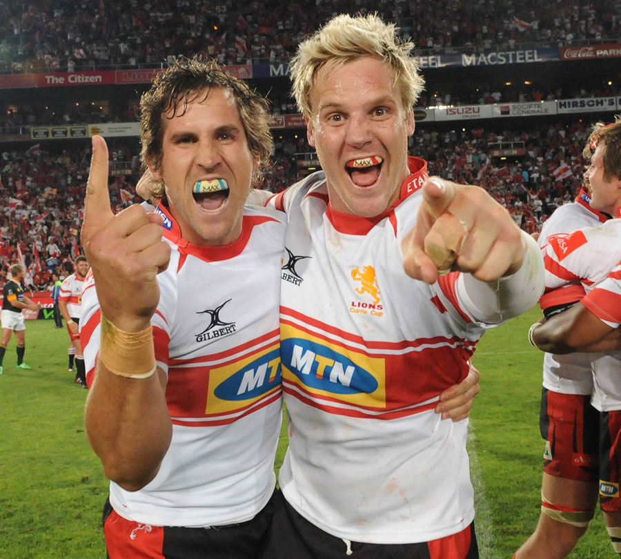 The Lions'  Dylan Fountain and Alwyn Hollenbach celebrate