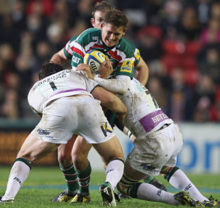 Leicester's Toby Flood is hit by two London Irish defenders, Leicester v London Irish, Aviva Premiership, Welford Road, Leicester, England, November 5, 2011