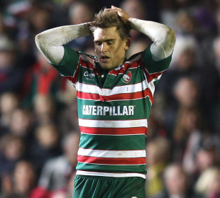 Leicester's Toby Flood reflects on a late missed drop goal, Leicester v London Irish, Aviva Premiership, Welford Road, Leicester, England, November 5, 2011