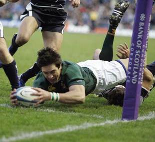 Jaque Fourie dives in to score against Scotland at Murrayfield, November 15 2008