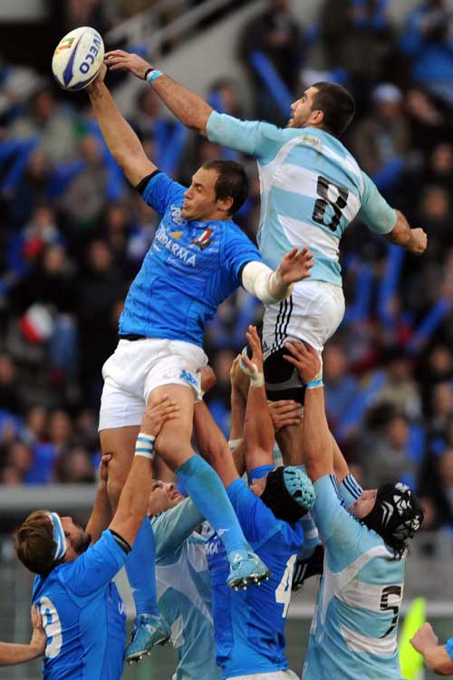 Sergio Parisse and Juan Martin Fernandez Lobbe compete for the ball