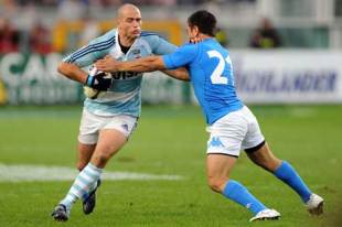 Argentina's Felipe Contepomi hands off Luciano Orquera during their win over Italy at the Stadio Olimpico, November 15 2008