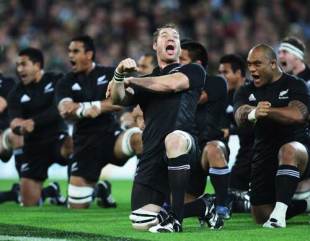 Ali Williams of the All Blacks performs the Haka (Kapo O Pango) during the Guinness Series match between Ireland and New Zealand at Croke Park in Dublin, Ireland on November 15, 2008. 