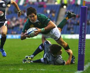 Hugo Southwell of Scotland can not stop Jaque Fourie of South Africa from scoring a try during the rugby match between Scotland and South Africa at Murrayfield on November 15, 2008 in Edinburgh, Scotland.