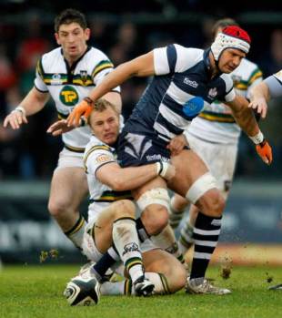 Bristol forward Dan Ward-Smith is stopped by the Northampton Saints defence during the Guinness Premiership match between Bristol and Northampton Saints at The Memorial Stadium in Bristol, England on November 16, 2008.
