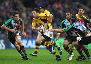 Tom Voyce of London Wasps evades the challenge of Mike Ross of Harlequins during the Guinness Premiership match between Harlequins and London Wasps at Twickenham Stoop in London, England on November 16, 2008. 