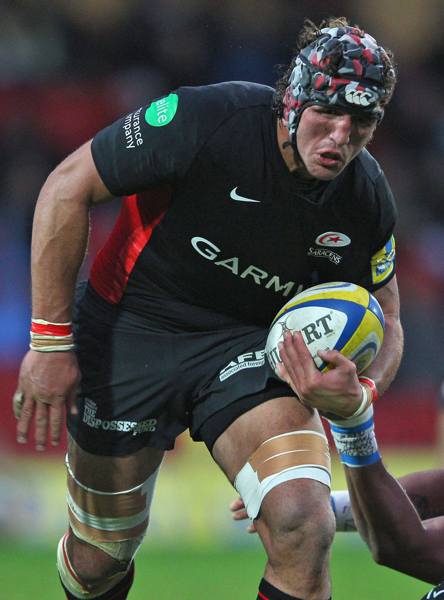 Saracens' Jacques Burger takes the attack to Sale