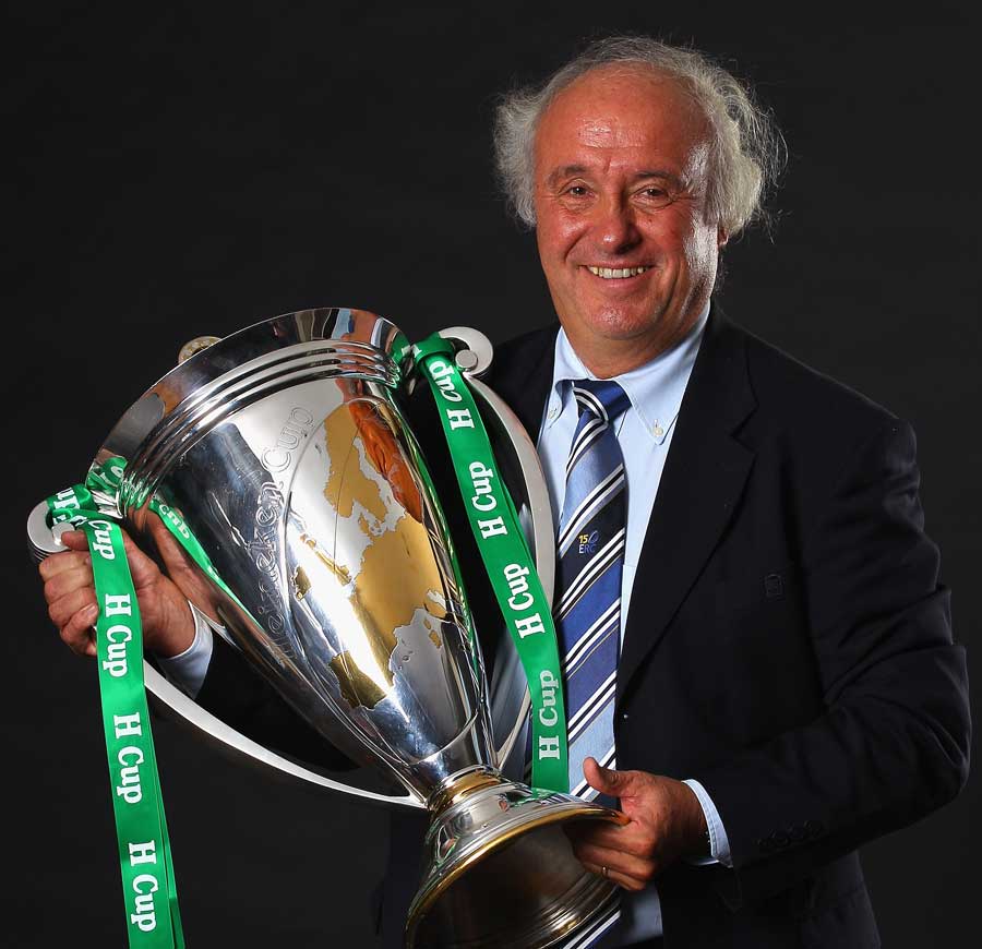ERC chairman Jean-Pierre Lux poses with the Heineken Cup prior to the tournament's kick-off on Friday