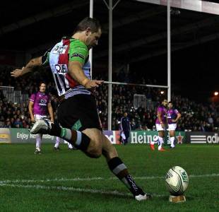 Harlequins fly-half Nick Evans kicks another successful penalty