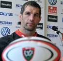 Simon Shaw answers questions from the media on the day he is unveiled as a Toulon player