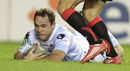 Racing Metro's Julien Saubade touches down for a try