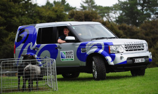Will Greenwood participates in a sheep herding competition during a Land Rover media day at Sheepworld Farm, New Zealand, October 17, 2011