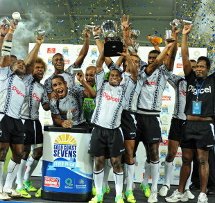 Fiji lift the trophy after beating New Zealand in the final of the Gold Coast Sevens, HSBC Sevens World Series, Gold Coast, Australia, November 26, 2011.