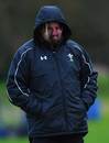 Wales boss Warren Gatland watches over training sporting his Shane Williams mask