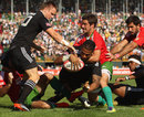 New Zealand's Frank Halai stretches to score a try