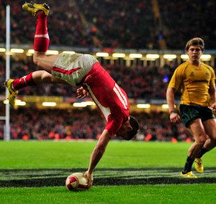 Shane Williams celebrates his last try for Wales in his last minute of international rugby, Wales v Australia, Millennium Stadium, Cardiff, Wales, December 3, 2011