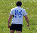 England's Alex Corbisiero, wearing an anti-doping t-shirt 