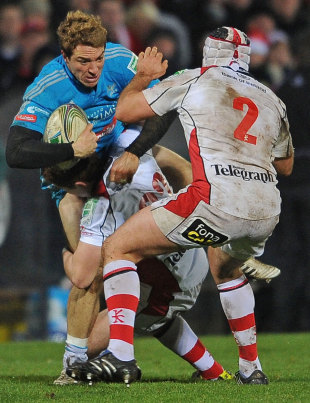 Aironi's Giulio Toniolatti is tackled by Ulster's Paddy Jackson 