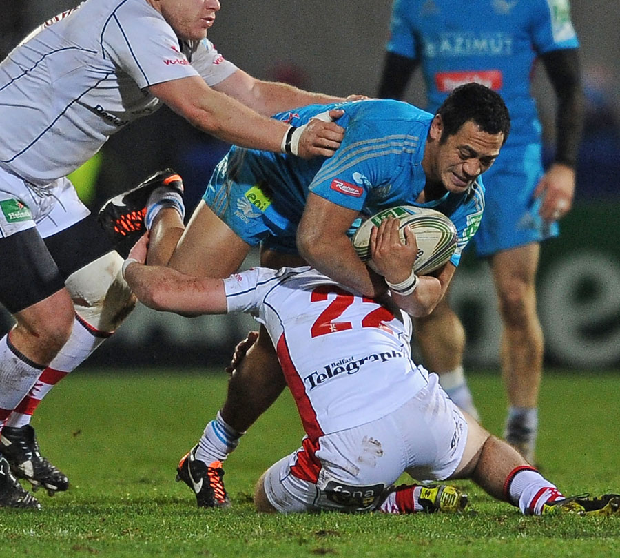 Aironi's Sinoti Sinoti is floored by the Ulster defence