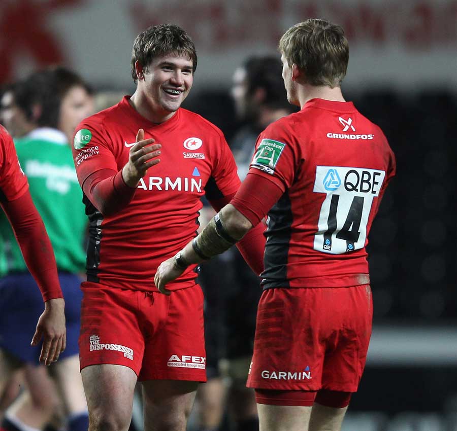Saracens' Adam Powell and David Strettle celebrate victory
