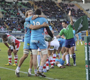 Aironi's George Biagi celebrates scoring against Ulster, Aironi v Ulster, Heineken Cup, Stadio Brianteo, Monza, Italy, December 17, 2011