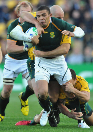 South Africa's Bryan Hababa is wrapped up by the Australia defence, South Africa v Australia, Rugby World Cup Quarter-Final, Wellington Regional Stadium, Wellington, New Zealand, October 9, 2011