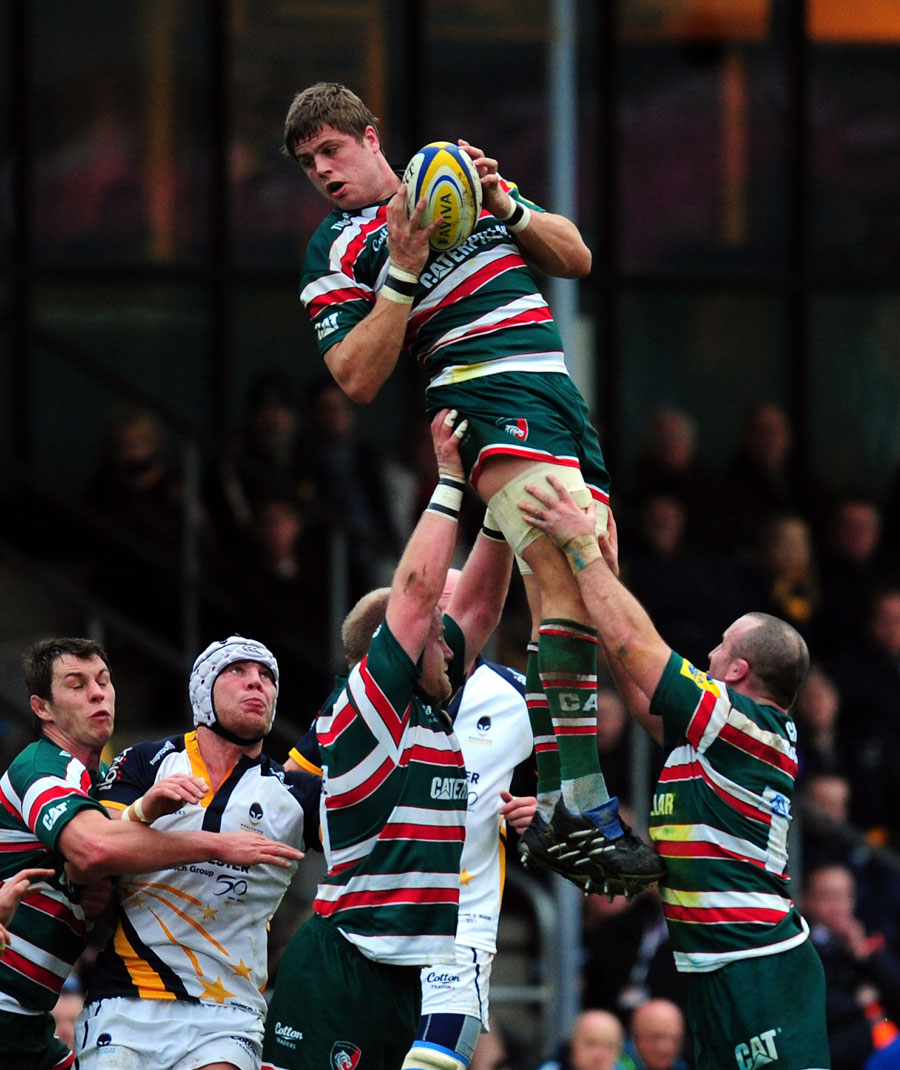 Leicester's Ed Slater claims the lineout ball