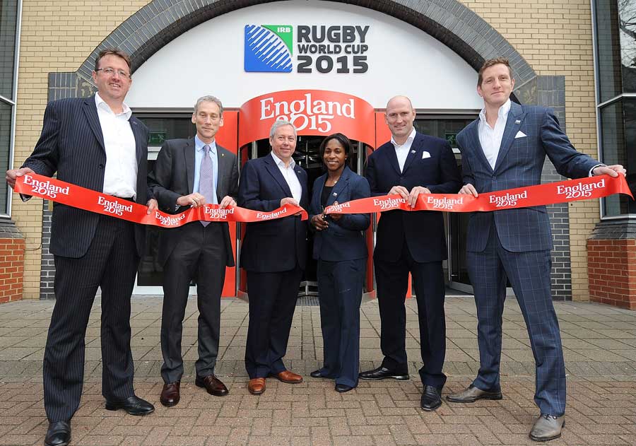 Ross Young, Mike Miller, Paul Vaughan, Lawrence Dallaglio, Maggie Alphonsi and Will Greenwood at the unveiling of England's Rugby HQ for the 2015 RWC