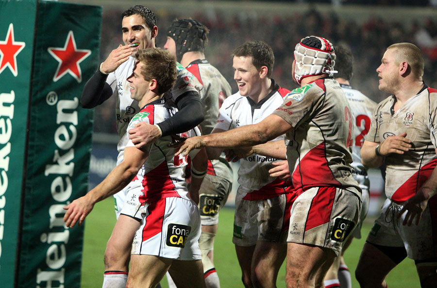 Ulster's Paul Marshall is congratulated on a try