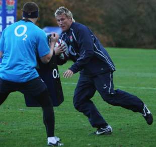 Jordan Crane of England takes part in a drill during an England training session at the Pennyhill Park Hotel in Bagshot, England on November 18, 2008. 