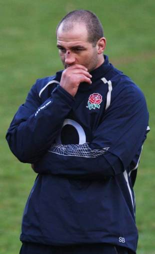 Steve Borthwick of England look on during an England training session at the Pennyhill Park Hotel in Bagshot, England on November 18, 2008.