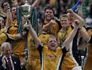 Leeds captain Mike Shelley lifts the 2005 Powergen Cup