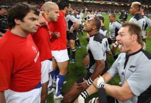 The New Zealand team perfrom their Haka in front of the French team before the quarter final of the Rugby World Cup 2007 match between New Zealand and France at the Millennium Stadium in Cardiff on 6 October 2007.